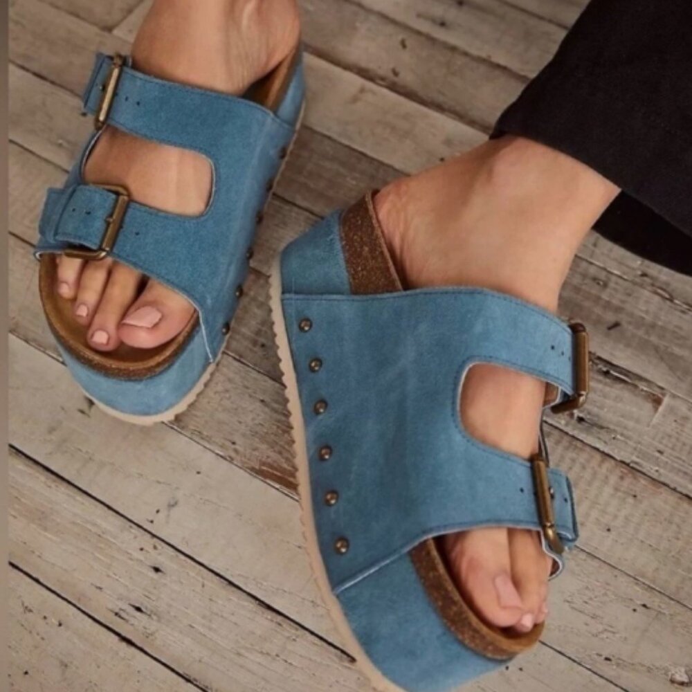 Free People Blue Suede Double-Buckle Platform Sandals